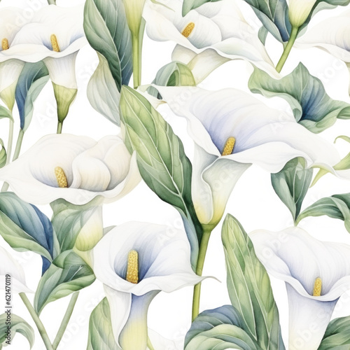 Fototapeta Naklejka Na Ścianę i Meble -  Watercolor calla lily flowers seamless pattern. Hand drawn wallpaper design. Repeating texture with floral branches and white flowers on white background.