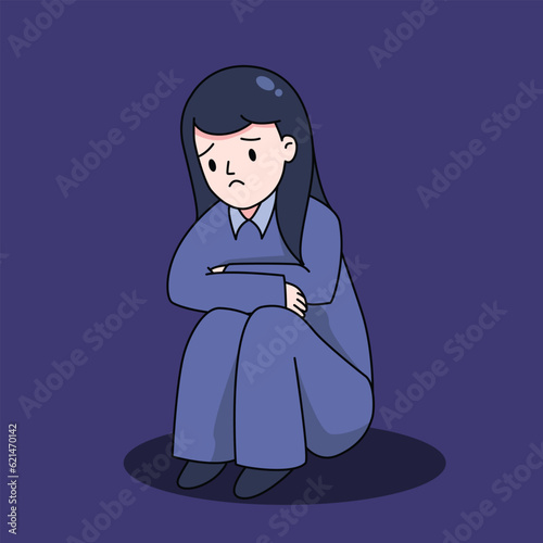 Depressed woman sitting on the floor and hugging knees. Mental health, anxiety, alone and sadness 