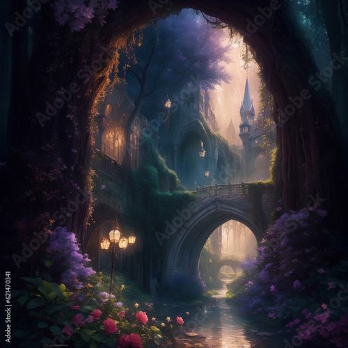A beautiful water road in the middle of the buildings with light lighting decorated with plants  roses and trees around it  and on its side are lamps for lighting at night