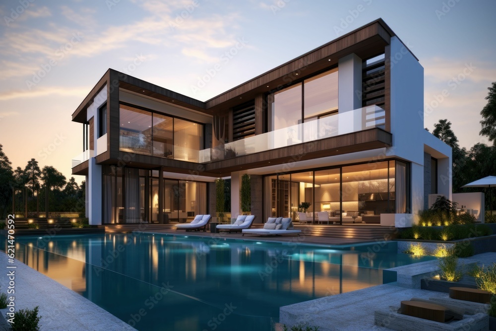 Fototapeta premium Exterior of modern house with swimming pool at sunset. Created with generative AI
