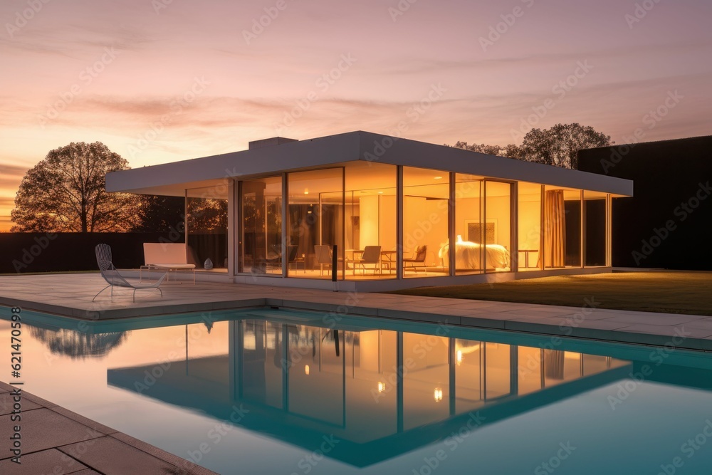 Exterior of modern house with swimming pool at sunset. Created with generative AI
