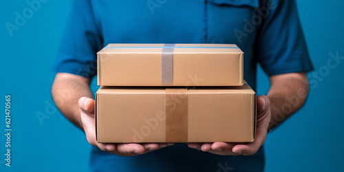 Wallpaper Mural delivery man holding pile of cardboard boxes in front isolated blue background Torontodigital.ca