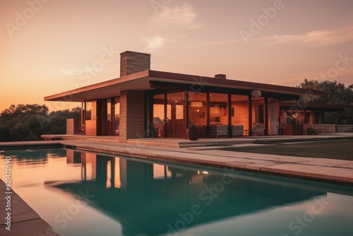 Exterior of modern house with swimming pool at sunset. Created with generative AI © baci