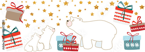 birthday, Holiday, Christmas boxes with stars, animals, teddy, bears. Happy new year, Holiday horizontally illustration.