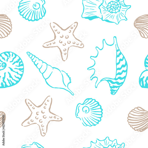 Seashell pattern ,  fabric pattern , wallpaper,  textile design,  shells , colorful seashells , shellfish, conch , mollusks , starfish , marine illustration, vector illustration ,  ocean , scallops