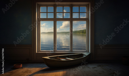  a boat sitting on the floor in front of a window. generative ai