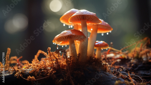 Macro photo of beautiful mushroom in rainy forest