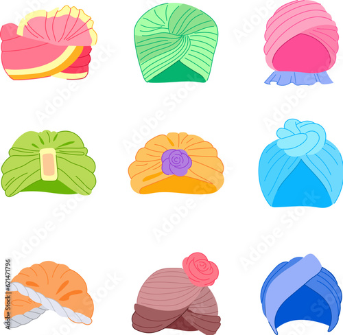 turban indian set cartoon. india culture, arab head, ethnic sikh turban indian sign. isolated symbol vector illustration