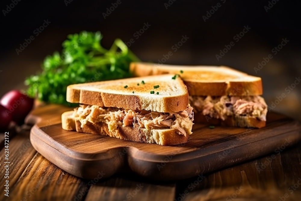 Delicious Tuna Salad Sandwich on Wooden Table - Created with Generative AI Tools