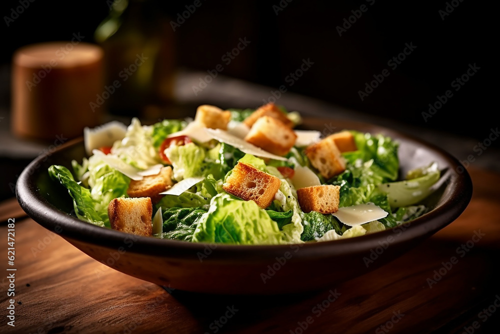 Fresh Caesar Salad on Wooden Table - Created with Generative AI Tools