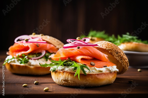 Delicious Bagels and Lox on Wooden Table - Created with Generative AI Tools