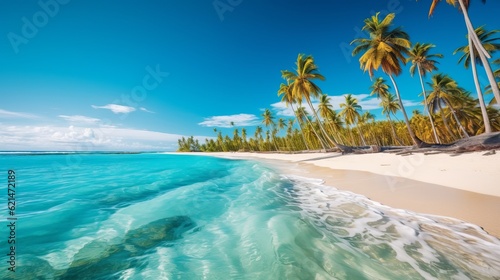 Tropical beach in Punta Cana  Dominican Republic. Palm trees on sandy island in the ocean Generative AI