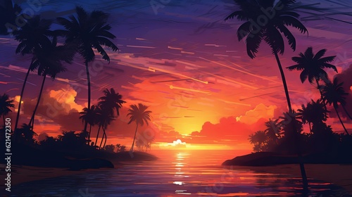 Beautiful tropical beach with palm trees silhouettes at dusk Generative AI © Suleyman