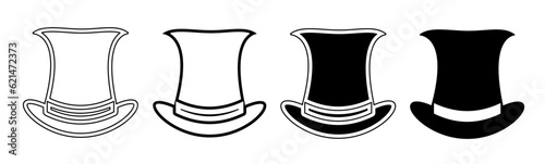 Black and white illustration of a magic hat. Magic hat icon collection. Stock vector illustration.