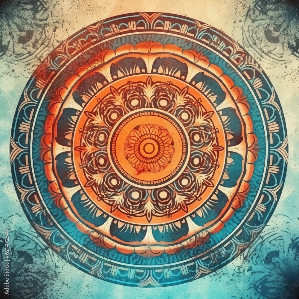 mandala colorful vintage art, ancient Indian vedic background design, old painting texture Generative AI