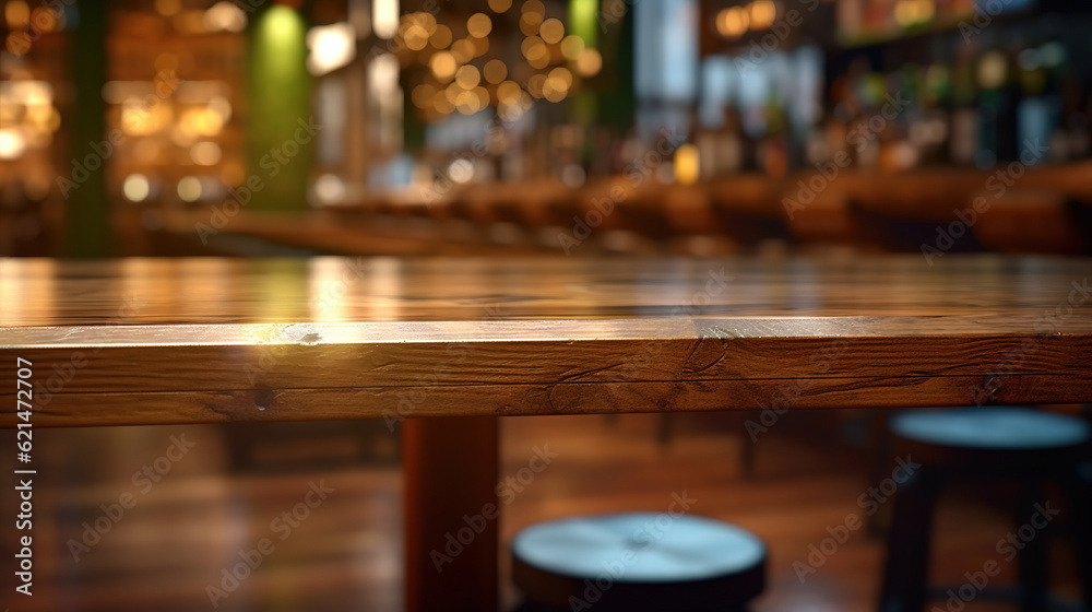 Restaurant ambiance softly envelops the wooden table's. Generative Ai