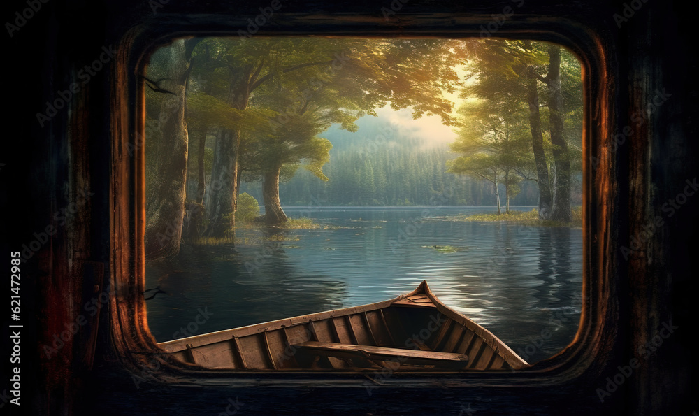  a painting of a boat on a lake with trees in the background.  generative ai