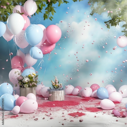 Vászonkép gender reveal backdrop featuring pastel blue and red smoke clouds, festive ballo