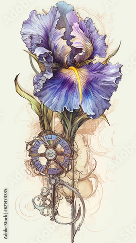 floral, vintage background, flover, products, enginer, generative, ai, steampunk, clockwork, brooc, iris photo