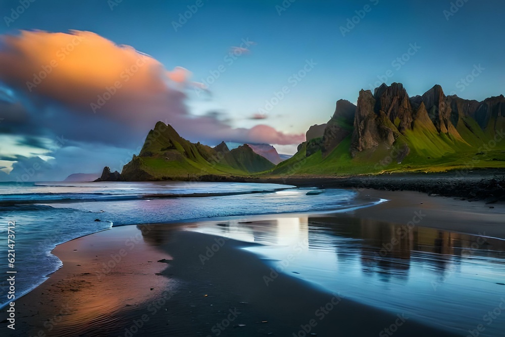 Golden Sunset over Tranquil Beach with Lush Mountains in the Background