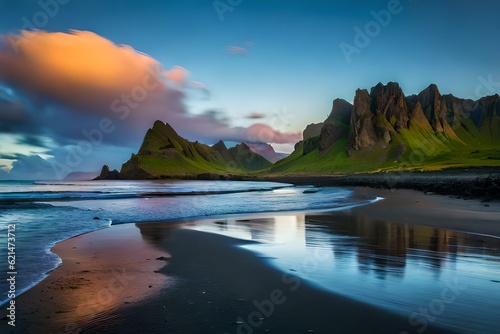 Golden Sunset over Tranquil Beach with Lush Mountains in the Background
