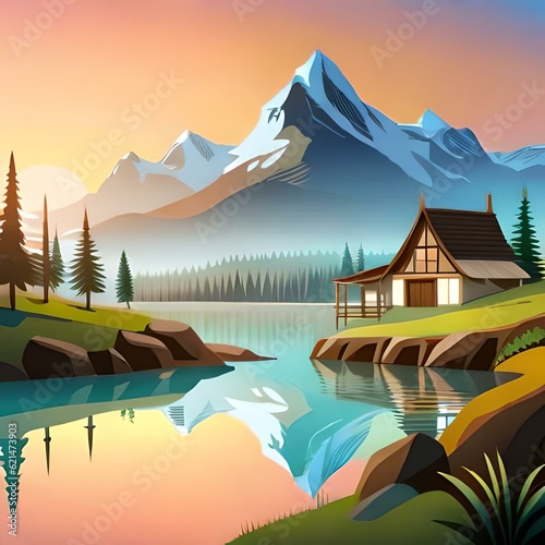 sunset in the tropical mountains flat art design