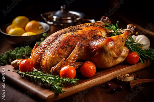 Delicious Turkey and Stuffing on a Wooden Table Background Created with generative AI tools