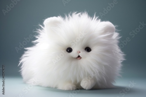 Happy Super Fluffy White Fur Ball Creature. Generative AI