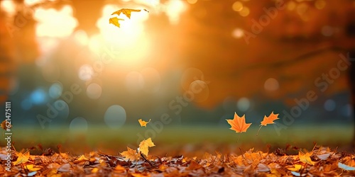Autumn landscape with beautiful maple tree and seasonal magic on blur background for fall season