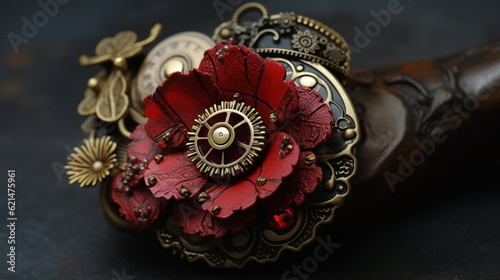 floral, vintage background, flover, products, enginer, generative, ai, steampunk, clockwork, brooc, red, tulip, magnolia