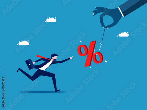 Fraudulent sales. Businessman runs and grabs percentage as bait. vector © Nastudio
