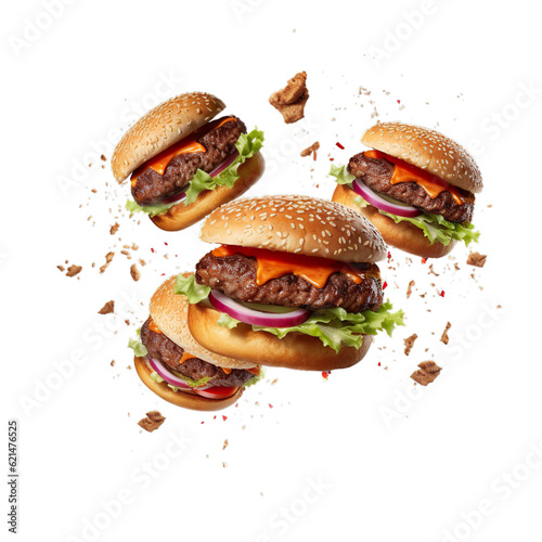 Grill burger, realistic 3d burgers falling in the air, grilled meat collection, ultra realistic, icon, falling, flying, detailed, angle view food photo, burger composition