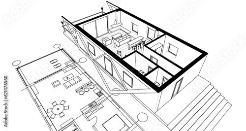 house interior sketch 3d illustration
