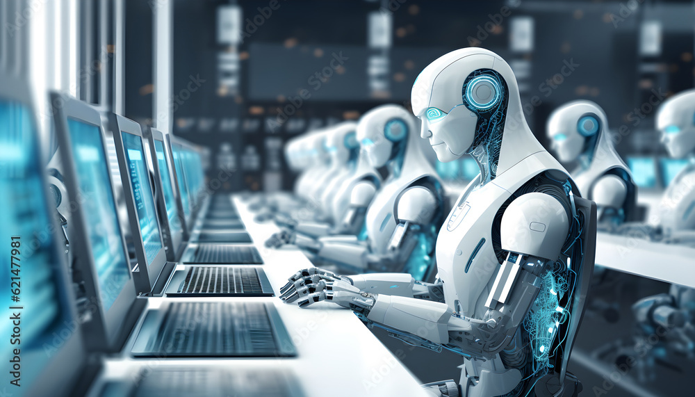 Robot AI working on computers for the digital technology industry. Ai robotics and automation concept. Generative AI. Robot AI working on computers for the digital technology industry. Ai robotics and automation concept. Generative AI.