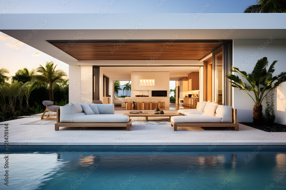 Naklejka premium Architecture image of modern design living room and pool. Generative AI.