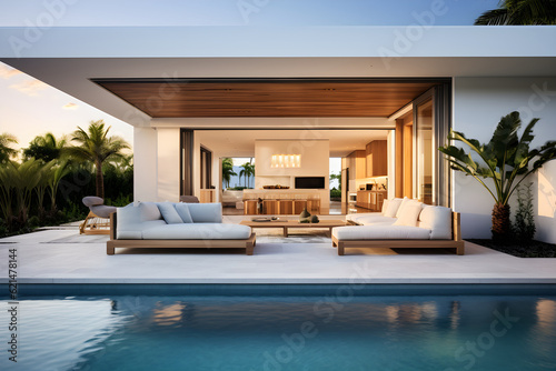 Architecture image of modern design living room and pool. Generative AI. © PrettyStock