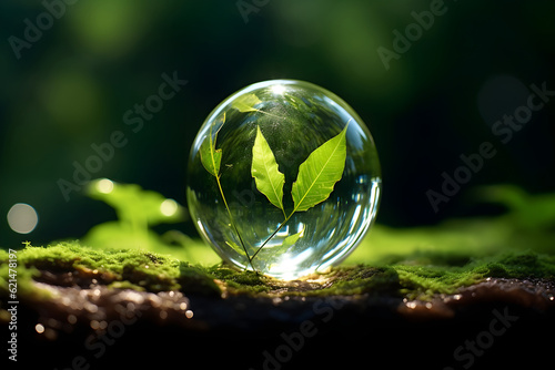 The natural world map save the environment in the grass of the green bokeh background. Protect and clean the planet. World ecology concept. World mental health and World earth day. Generative AI.