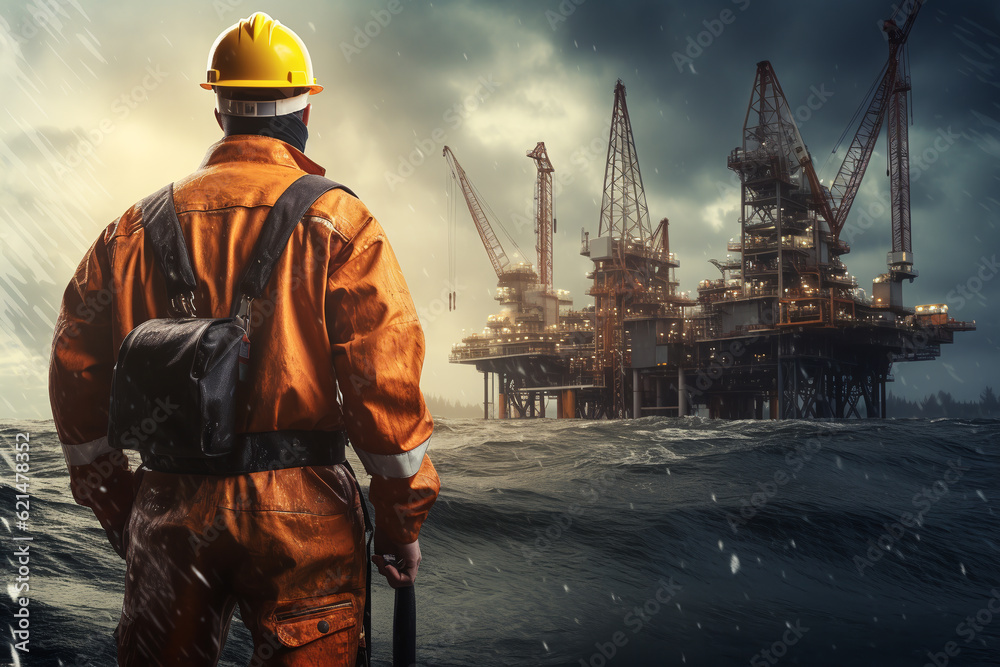 Oil rig worker. rear view.ai generative Oil rig worker. rear view.ai generative
