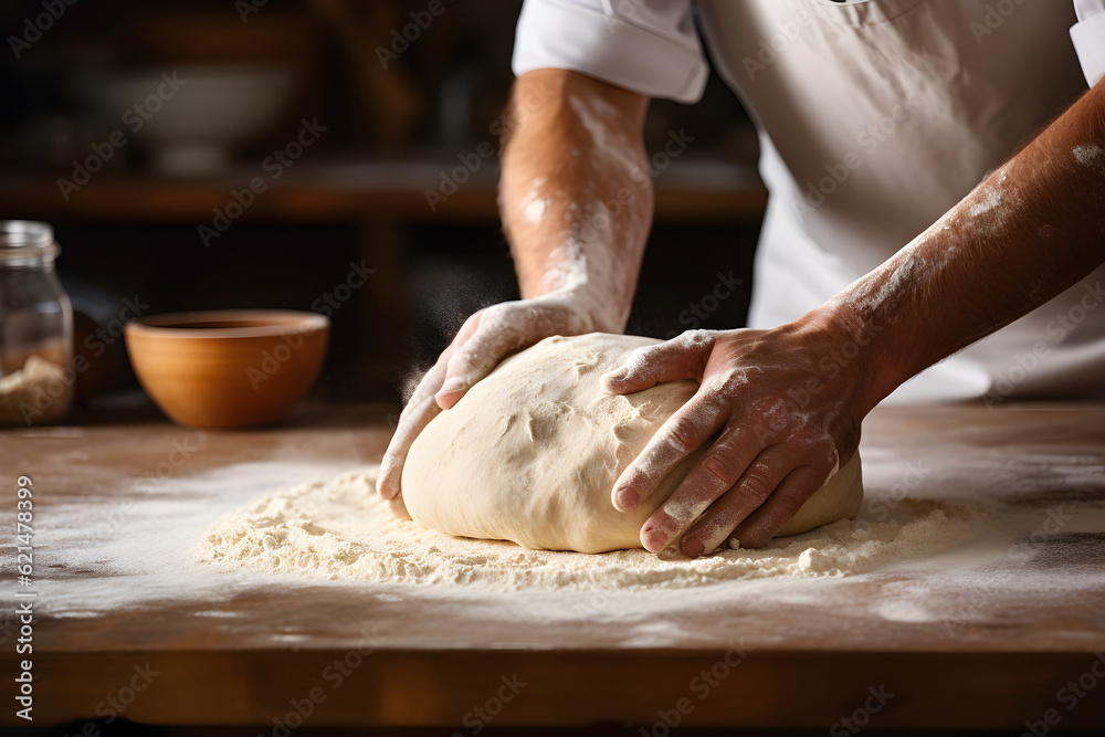 Preparation for making bread hands of a man baker kneading dough on a wooden board. Special and fresh beautiful French raw bread. Generative AI.