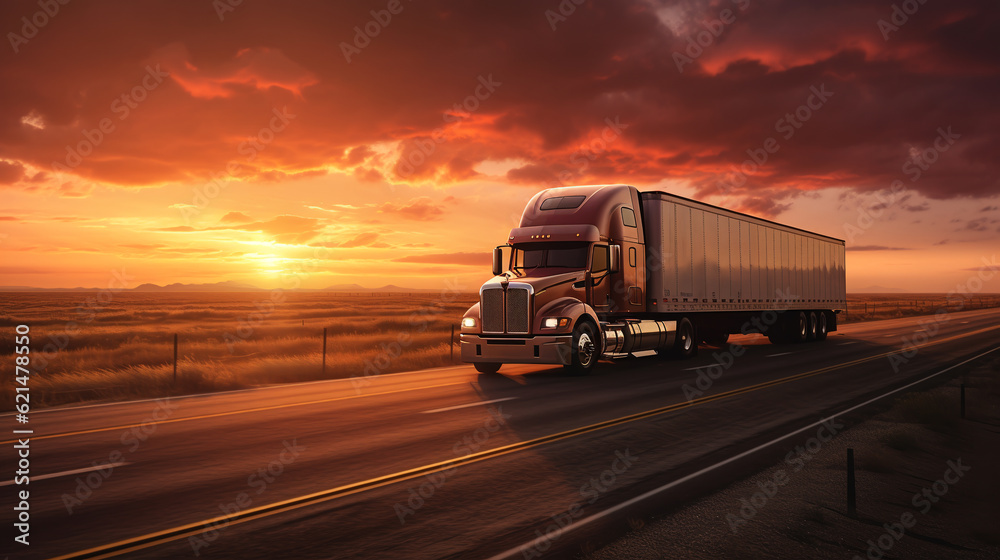 American Packing Truck Drives Fast at Sunset.ai generative