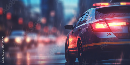 police car with flashing lights close-up, blurred background. copy space.ai generative