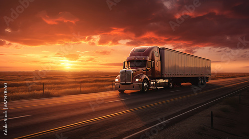American Packing Truck Drives Fast at Sunset.ai generative