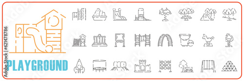 Playground line icon set. Play area for children outdoors, vector linear icons. Line with editable stroke