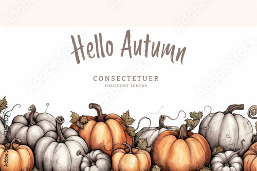 Halloween banner with tradition symbols. Autumn pumpkins illustration