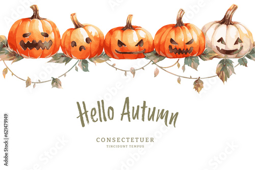 Halloween banner with tradition symbols. Autumn pumpkins illustration