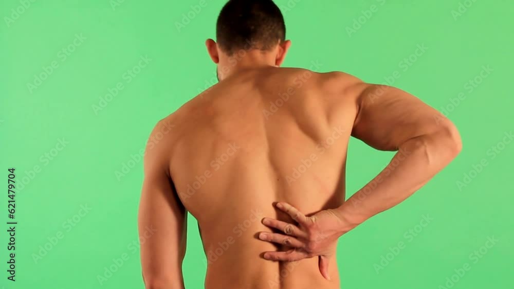 Half Naked Back Of Adult Blonde Man Suffering With Backache Pain