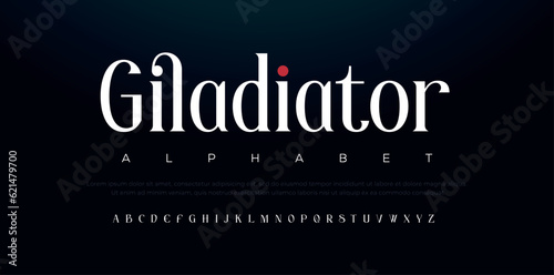Giladiator  elegant luxury abstract wedding fashion logo font alphabet. Minimal classic urban fonts for logo, brand etc. Typography typeface uppercase lowercase and number. vector illustration 