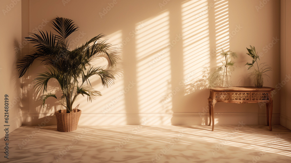 Fototapeta premium Empty beige room interior with palm leaves plant. Modern 3d living room, office or gallery with shadows and sunlight from the window on the wall, realistic illustration. Minimal scene. Generation AI