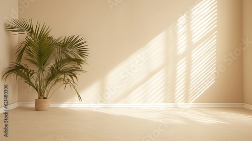 Empty beige room interior with palm leaves plant. Modern 3d living room, office or gallery with shadows and sunlight from the window on the wall, realistic illustration. Minimal scene. Generation AI © vita555
