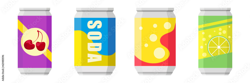 Soda in colored aluminum cans set icons isolated on white background. Soft drinks sign. Carbonated non-alcoholic water with different flavors. Drinks in colored packaging. Vector illustration Soda in colored aluminum cans set icons isolated on white background. Soft drinks sign. Carbonated non-alcoholic water with different flavors. Drinks in colored packaging. Vector illustration